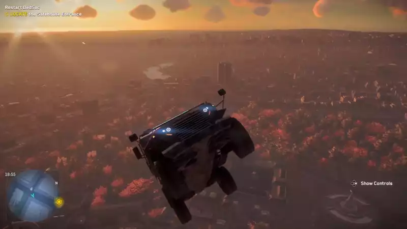 Watch Dogs: Legion" Jeep soars over London with glitches and unskinned NPCs.