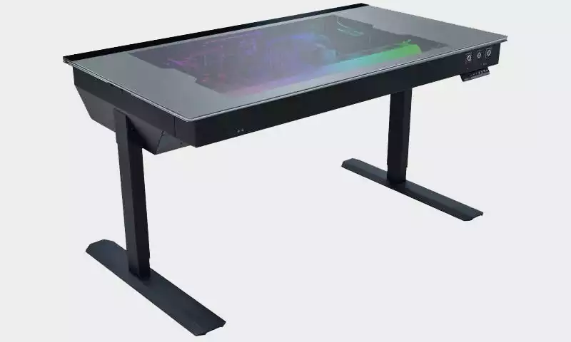 Two liquid-cooled PCs can be installed on this motorized standing desk.