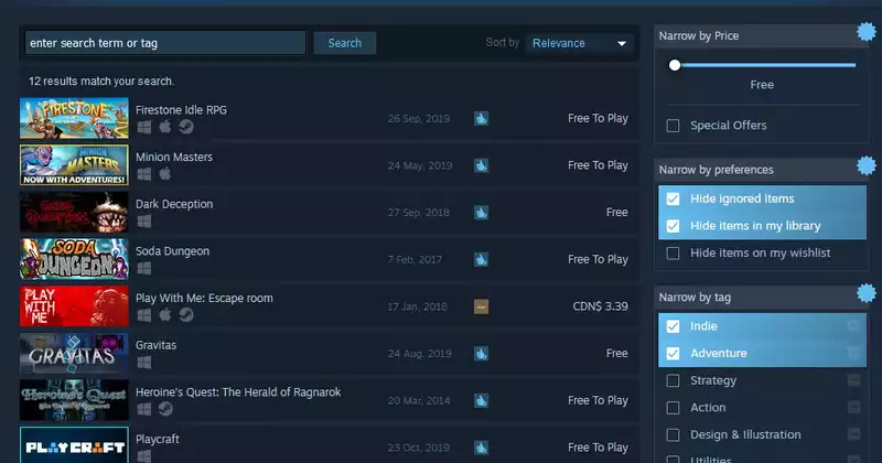 Significantly improved search functionality on Steam